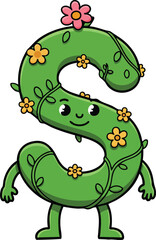 Obraz premium Green floral letter S character with smiling face and pink flowers vector illustration for nature or education designs 