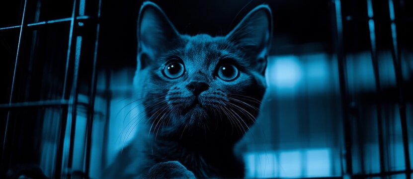 A cat's hopeful gaze in a shelter represents the theme of animal adoption and protection, with empty space available for adding text