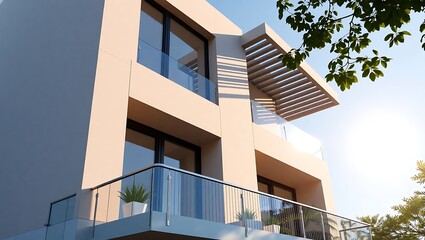 Contemporary balcony exterior, sunlit, 3D architectural render, stock photo style