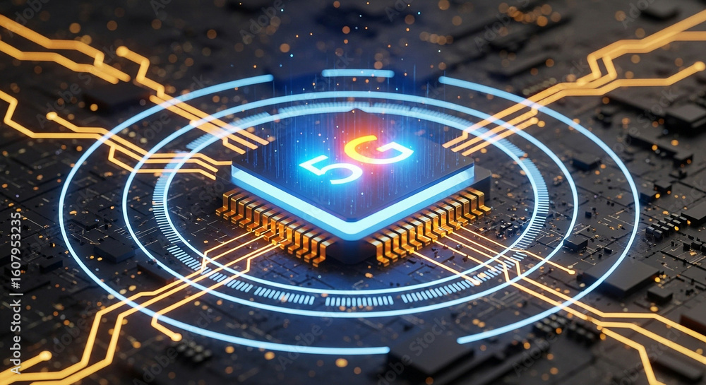 Aufkleber futuristic 3d render of a glowing 5g microchip, symbolizing high-speed connectivity and advanced tec