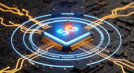 Futuristic 3D Render of a Glowing 5G Microchip, Symbolizing High-Speed Connectivity and Advanced Technology in the Digital Age, for Innovation
