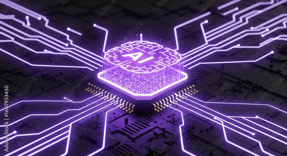 Poster futuristic 3d render of a glowing artificial intelligence brain on a circuit board, symbolizing adva