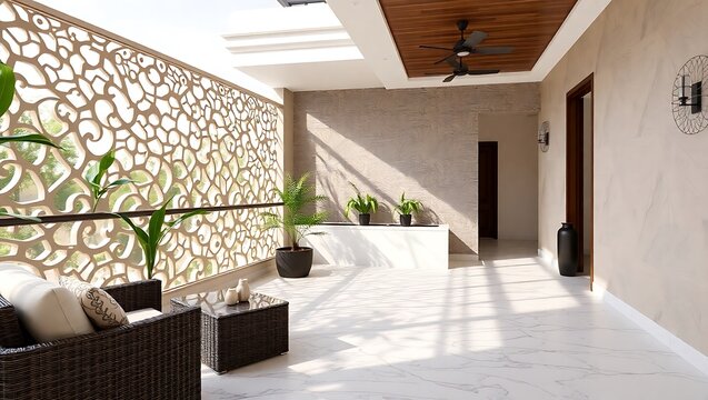 Contemporary Indian terrace with jaali wall design and marble floor