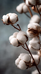 A vertical close-up photograph of cotton bolls in their natural state on branches