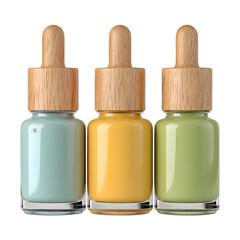 Three Pastel Cosmetic Dropper Bottles with Wooden Tops on White Background --v 7.0 --s 250