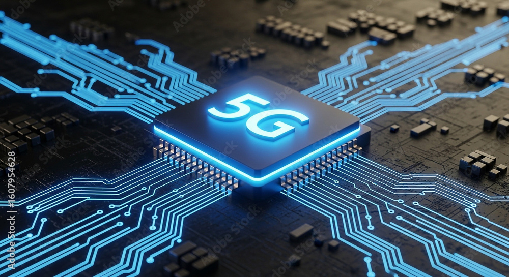 Poster futuristic 3d render of a glowing 5g microchip, featuring circuit board connections and data transfe