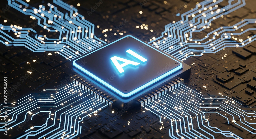 Poster Detailed 3D Render of a Glowing AI Microchip with Circuitry, Symbolizing Advanced Technology and Machine Learning Capabilities for Modern Computing