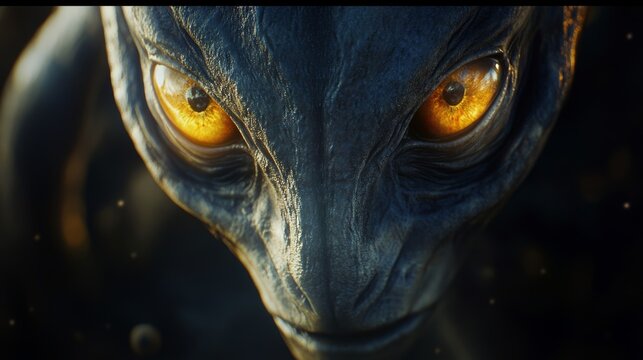 An alien creature's face is the subject of a detailed study in turquoise tones, presented in a close-up portrait with glowing amber eyes against a dark background