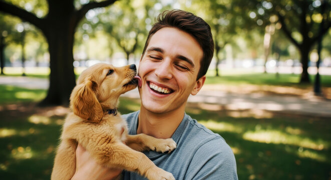 Man holding puppy in park, puppy licks man's face, man smiles. A candid shot of pure joy and affection. Dog ownership, happy lifestyle, outdoor fun.