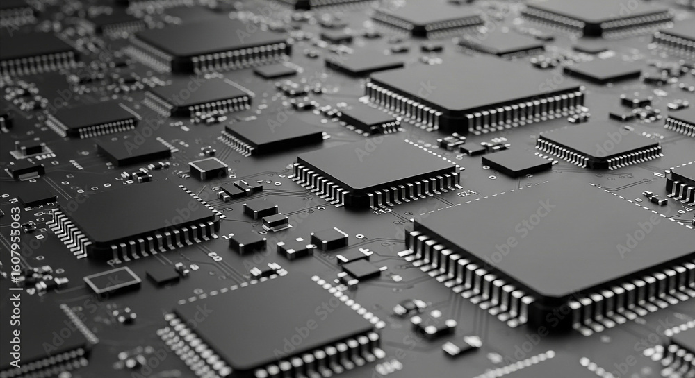 Poster detailed 3d render of a complex circuit board featuring microchips and integrated circuits for high 