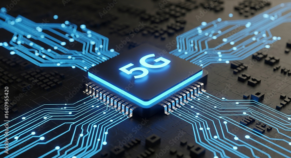 Poster detailed 3d render of a modern 5g microchip with glowing blue circuitry, representing advanced techn