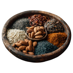 Variety of Seeds and Almonds in Wooden Bowl on Eco-Friendly Mat --v 7.0 --s 250