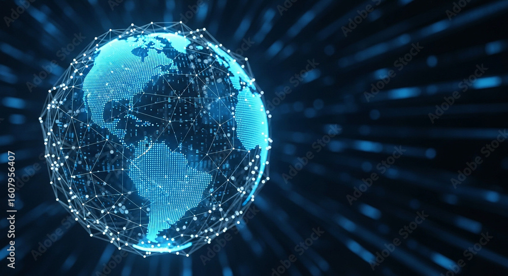 Aufkleber futuristic 3d rendering of a connected world globe with data points and lines for global communicati
