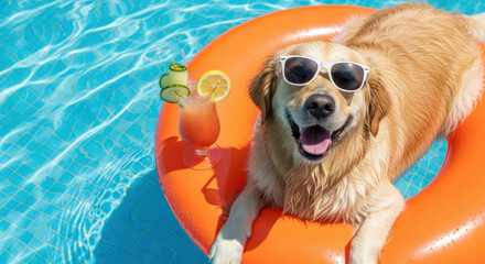 Golden retriever with sunglasses relaxes in a pool on an orange float with a cocktail. A bright, playful summer scene. Fun, relaxing vacation, pet lifestyle.