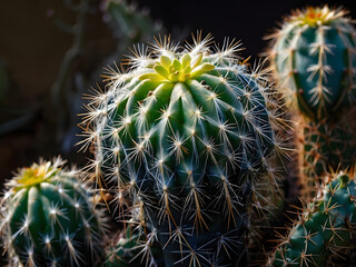 Cactus Serenity: An intimate perspective, capturing the intricate patterns and textures of a cactus, bathed in the soft glow of sunlight.