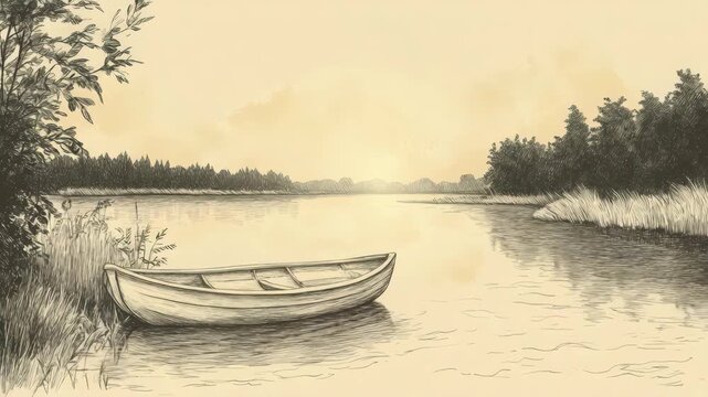 Serene Lake Scene with Rowboat Drawing for Relaxing Backgrounds and Artistic Projects