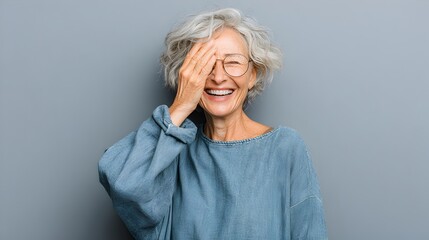 An elderly woman with glasses covers one eye and laughs joyfully against a solid neutral colored background.