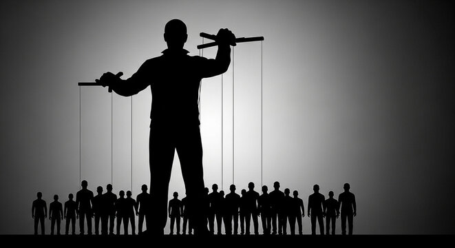 Dominant Silhouette of a Controller Manipulating People with Strings, Representing Authority and Influence, Power Dynamics