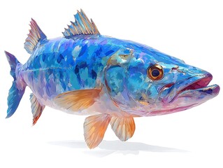 An artistic digital rende presents a vividly colored blue fish isolated against a clean white backdrop.