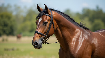Obraz premium Portrat of buckskin akhal teke stallion in a bridle standing outside in a summer field. Equestrian sport.