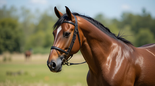 Portrat of buckskin akhal teke stallion in a bridle standing outside in a summer field. Equestrian sport.