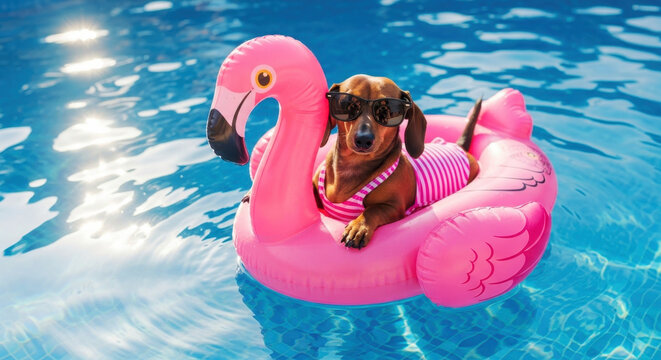 Dachshund dog on a flamingo floatie in a pool. Fun summer scene of relaxation and humor. Vacation vibes, playful attitude, summer fun.