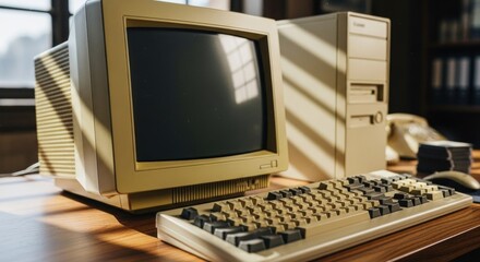 Retro computer setup with beige monitor, keyboard, CPU tower on wood desk