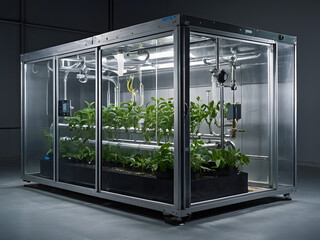 Sustainable Cultivation Chamber: A cutting-edge, sustainable cultivation chamber showcasing the future of agriculture. Rows of vibrant plants thrive within a climate-controlled environment.