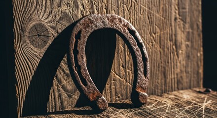 Rusted horseshoe rests on aged wooden planks, casting a distinct shadow