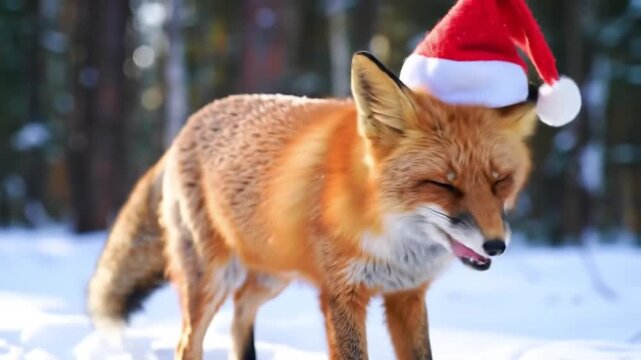 Whimsical fox in Santa hat explores snowy winter forest, spreading holiday cheer