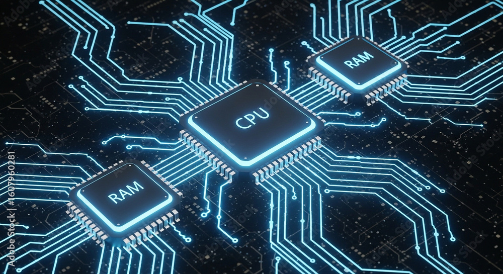 Poster futuristic 3d render of a cpu and ram chips on a circuit board, illustrating high tech computing and