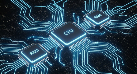 Futuristic 3D Render of a CPU and RAM Chips on a Circuit Board, Illustrating High Tech Computing and Data Processing Systems