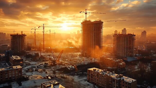 Construction Site at Sunset with Cranes and Buildings Under Development in Urban Environment
