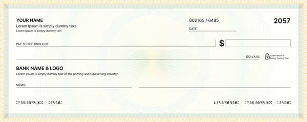 Blank bank check, checkbook cheque template or money payment paper voucher, vector mockup. Business or personal account cash pay cheque certificate or paycheck coupon from checkbook