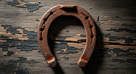 Rusty horseshoe lies on peeling, weathered dark wood planks