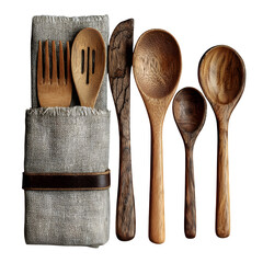 Wooden Utensil Set on Linen Napkin Rustic Kitchen Table Setting --v 7.0 --s 250