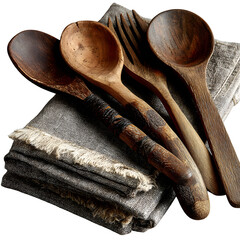 Wooden Utensil Set on Linen Napkin Rustic Kitchen Table Setting --v 7.0 --s 250