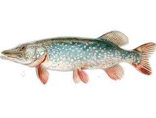 Obraz premium An antique illustration shows a pike fish with detailed scales and fins on a white background picture.