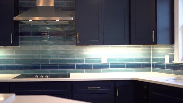 Modern kitchen with deep blue cabinets and shimmering teal subway tile backsplash