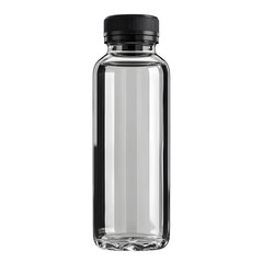 A sleek, modern transparent water bottle with a black cap, isolated on a white background, hyper-realistic, studio lighting, 8K, high detail --v 7.0 --s 250