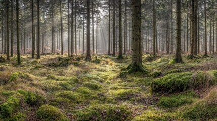 Fototapeta premium Sunlight filtering through a dense forest of tall evergreen trees.
