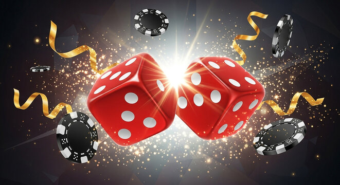 Festive Red Dice and Casino Chips Featuring Golden Ribbons and Sparkling Light Effects for Gambling and Celebration - Powered by Adobe