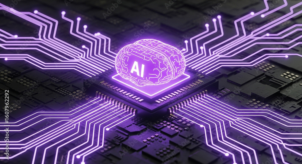 Poster futuristic 3d render of a glowing brain with ai text on a microchip, surrounded by purple circuitry,