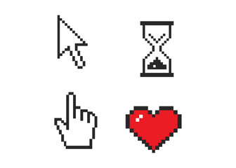 Pixel mouse cursors pointer, love, hand, arrow and wait. Vector stock illustration