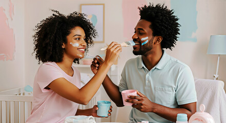 Couple paints each other's faces with paint in a nursery. A fun shot full of affection and laughter. Playful moments, parenthood, family fun.