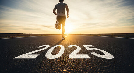 Motivated Runner Approaching the Year 2025 on Asphalt Road, Symbolizing Goals, Aspirations