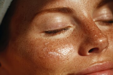 Fototapeta premium Close up of a young woman's face with freckles and eyes closed. It can be used for beauty, skincare, or wellness concepts.