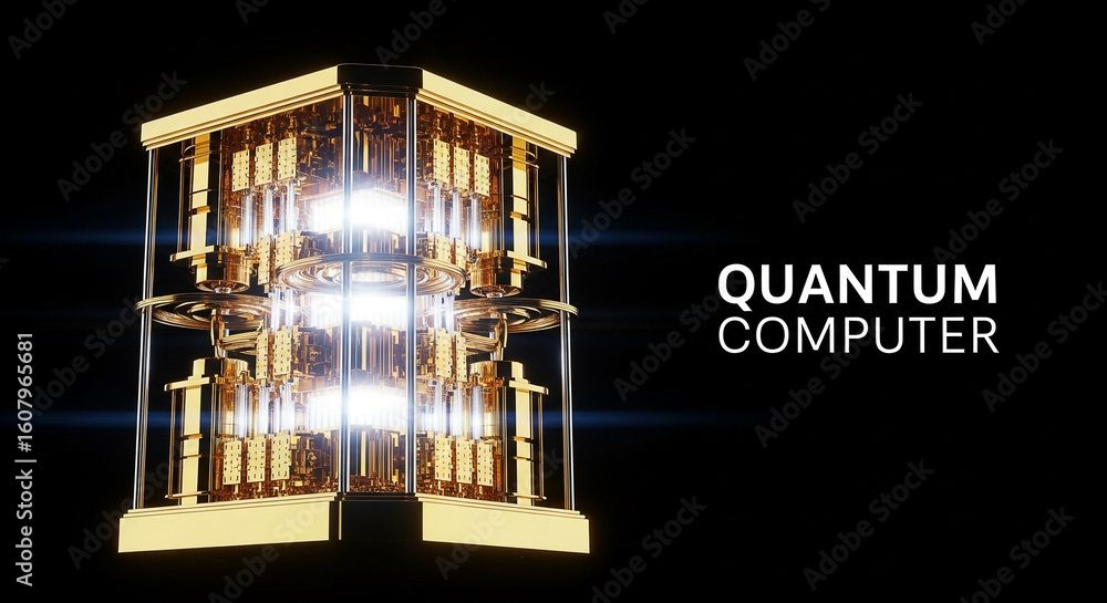 Poster 3d render of a complex quantum computer with golden components, featuring advanced technology for da