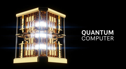 3D Render of a Complex Quantum Computer with Golden Components, Featuring Advanced Technology for Data Processing and Scientific Research