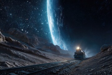 Futuristic train on a lunar landscape with a visible Earth